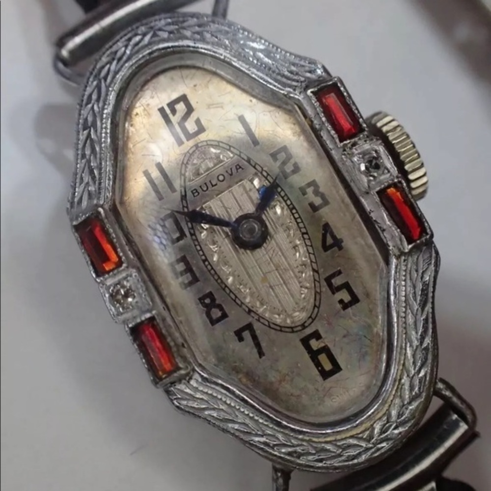 1920 Art Deco Bulova Watch with Ruby Bejeweled Case and Authentic Box